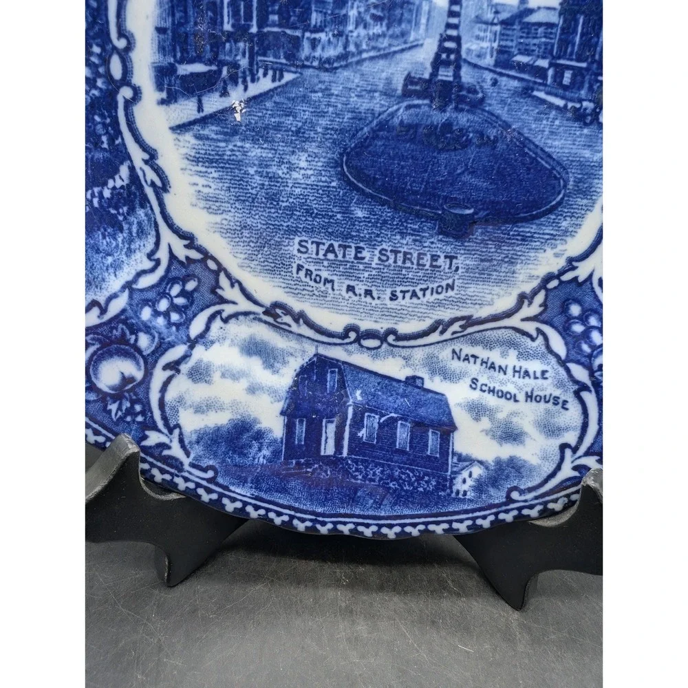 Antique Flow Blue Views of New London Conn Souvenir Plate England Transferware